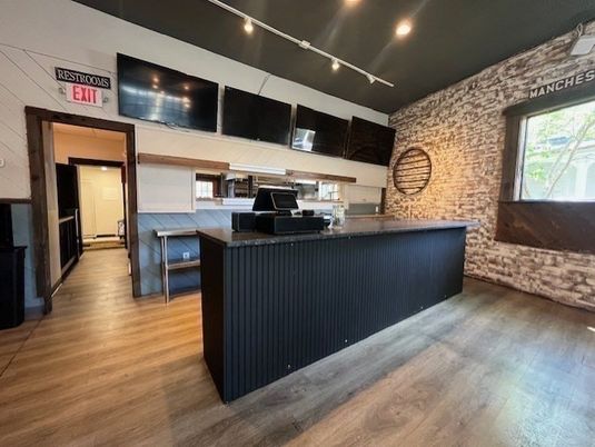 Interior, Kitchen, Recessed Lighting, Stone Walls, Wood Texture Flooring