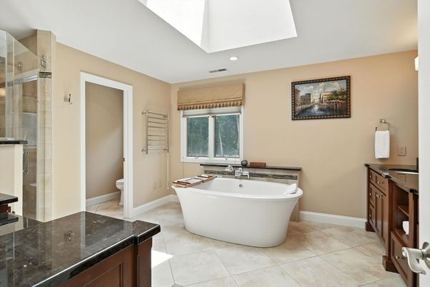 Bathroom, Free Standing Baths, Glass Shower, Interior, Recessed Lighting