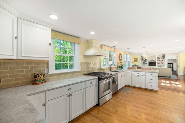 Chandelier, Interior, Kitchen, Recessed Lighting, Stainless Steel Appliances, Wood Texture Flooring