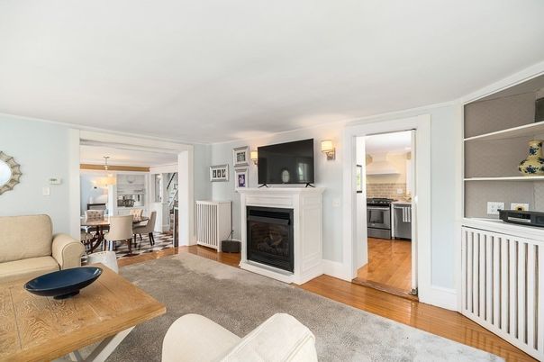 Chandelier, Dining room, Fireplace, Interior, Kitchen, Pendant Lights, Wood Texture Flooring