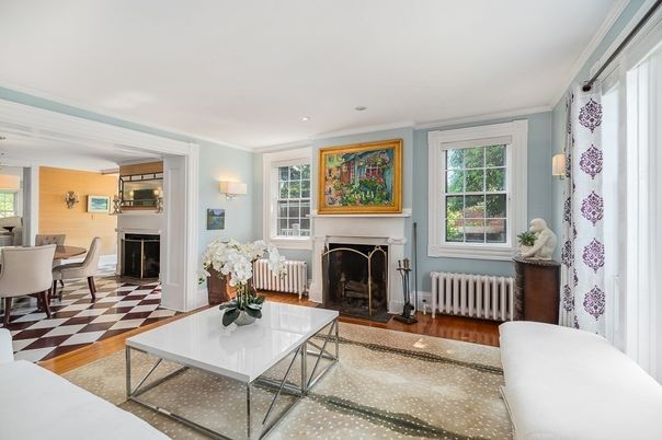Dining room, Fireplace, Interior, Living room, Recessed Lighting, Wood Texture Flooring