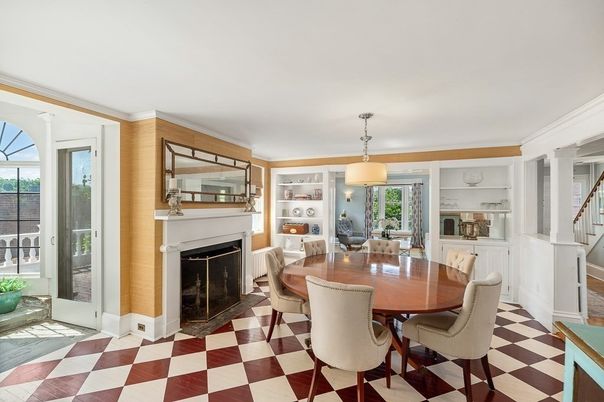 Dining room, Fireplace, Interior, Pendant Lights
