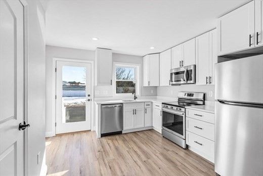 Interior, Kitchen, Recessed Lighting, Stainless Steel Appliances, Wood Texture Flooring