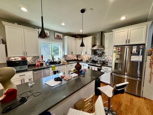 Interior, Kitchen, Pendant Lights, Recessed Lighting, Stainless Steel Appliances, Wood Texture Flooring