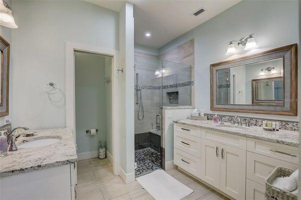 Bathroom, Dual Sink Vanities, Glass Shower, Interior, Recessed Lighting