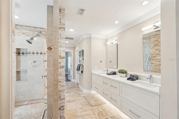 Bathroom, Dual Sink Vanities, Glass Shower, Interior, Recessed Lighting