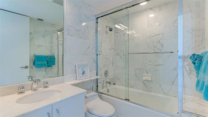 Bathroom, Glass Shower, Interior, Marble Walls, Recessed Lighting