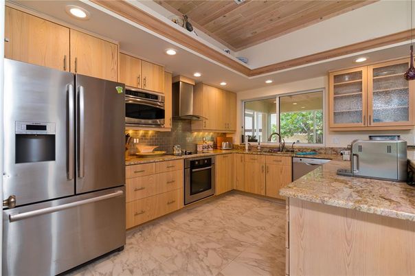 Interior, Kitchen, Marble, Recessed Lighting, Stainless Steel Appliances, Wooden Ceilings