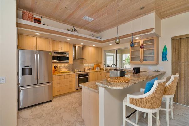 Interior, Kitchen, Marble, Pendant Lights, Recessed Lighting, Stainless Steel Appliances, Wooden Ceilings