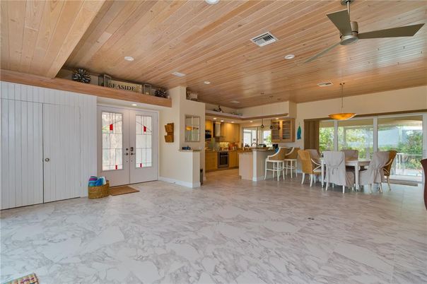 Dining room, Interior, Kitchen, Marble, Pendant Lights, Recessed Lighting, Wooden Ceilings