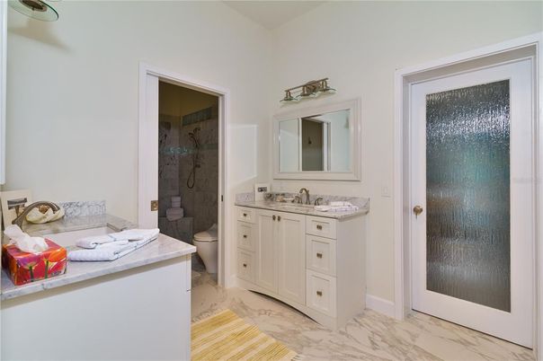 Bathroom, Dual Sink Vanities, Glass Shower, Interior, Marble