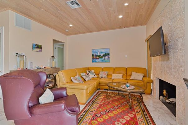 Fireplace, Interior, Living room, Recessed Lighting, Wooden Ceilings