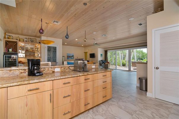 Interior, Kitchen, Marble, Pendant Lights, Recessed Lighting, Wooden Ceilings