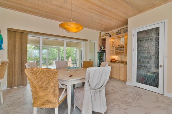 Dining room, Interior, Marble, Pendant Lights, Wooden Ceilings