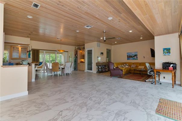 Dining room, Interior, Living room, Marble, Pendant Lights, Recessed Lighting, Wooden Ceilings