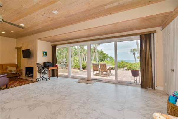 Fireplace, Home Office, Interior, Living room, Marble, Recessed Lighting, Wooden Ceilings