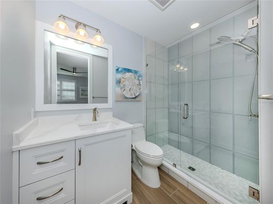 Bathroom, Glass Shower, Interior, Recessed Lighting, Wood Texture Flooring
