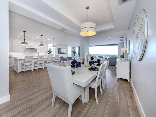 Dining room, Interior, Kitchen, Pendant Lights, Recessed Lighting, Wood Texture Flooring