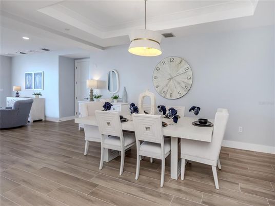 Dining room, Interior, Pendant Lights, Recessed Lighting, Wood Texture Flooring