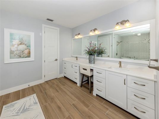 Bathroom, Dual Sink Vanities, Interior, Wood Texture Flooring