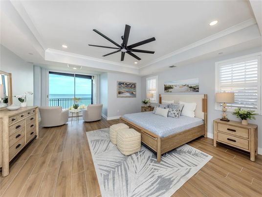 Bedroom, Interior, Recessed Lighting, Water, Wood Texture Flooring