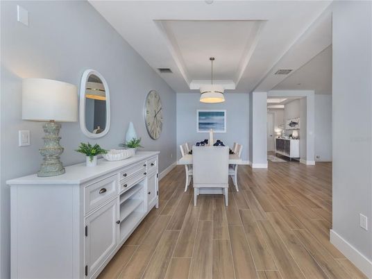 Dining room, Interior, Pendant Lights, Wood Texture Flooring