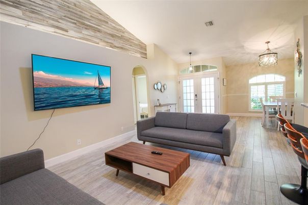 Interior, Wood Texture Flooring, Living room, Dining room, Chandelier, Pendant Lights