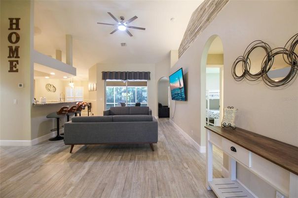 Interior, Wood Texture Flooring, Recessed Lighting, Living room, Dining room, Pendant Lights