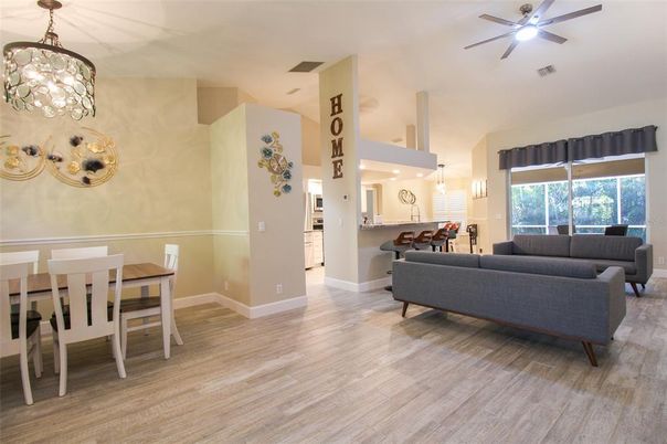 Interior, Wood Texture Flooring, Living room, Dining room, Chandelier, Pendant Lights