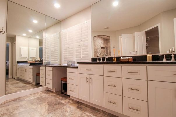 Interior, Bathroom, Recessed Lighting, Ceramic Tile, Dual Sink Vanities