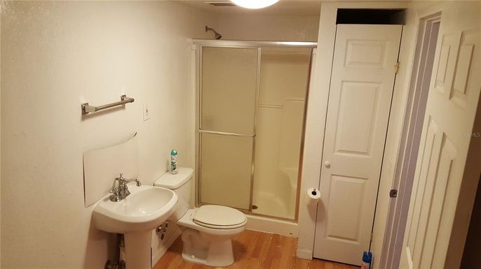 Bathroom, Glass Shower, Interior, Wood Texture Flooring