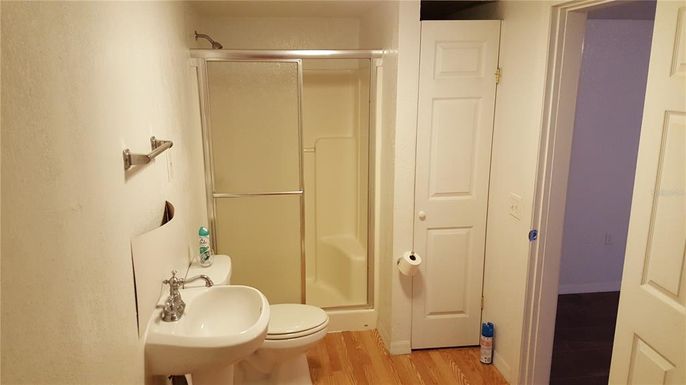 Bathroom, Glass Shower, Interior, Wood Texture Flooring