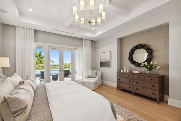 Bedroom, Chandelier, Interior, Recessed Lighting, Wood Texture Flooring