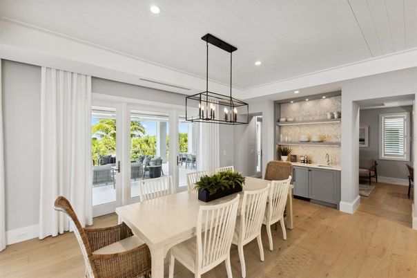 Dining room, Interior, Pendant Lights, Recessed Lighting, Wood Texture Flooring