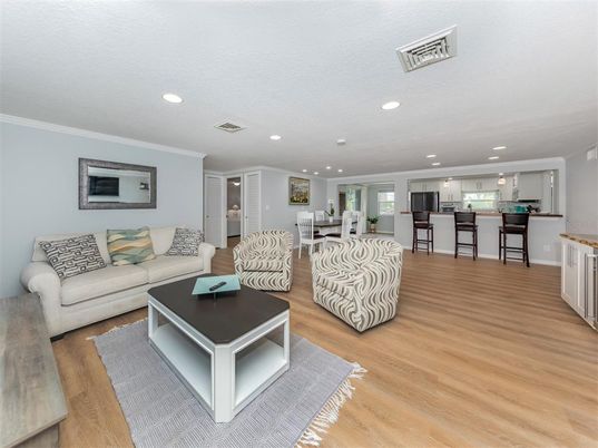 Dining room, Interior, Kitchen, Living room, Recessed Lighting, Wood Texture Flooring