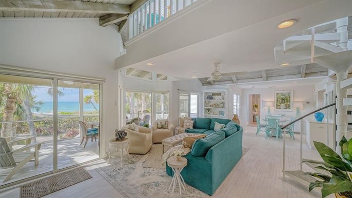 Dining room, Interior, Living room, Recessed Lighting, Water, Wooden Beams, Wooden Ceilings, Wood Texture Flooring