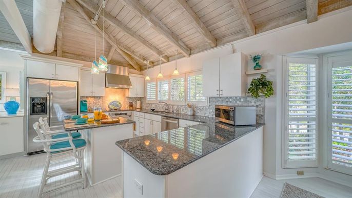 Interior, Kitchen, Pendant Lights, Stainless Steel Appliances, Wooden Beams, Wooden Ceilings, Wood Texture Flooring
