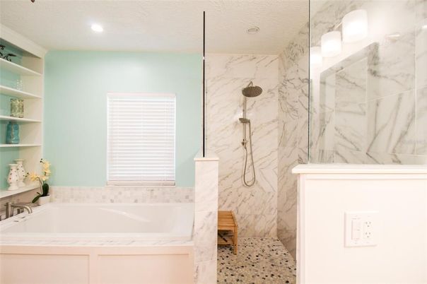 Interior, Bathroom, Recessed Lighting, Glass Shower, Marble Walls, Ceramic Tile