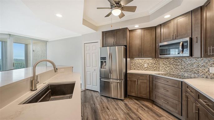 Interior, Kitchen, Recessed Lighting, Stainless Steel Appliances, Wood Texture Flooring