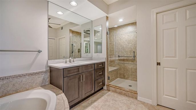 Bathroom, Dual Sink Vanities, Glass Shower, Interior, Recessed Lighting