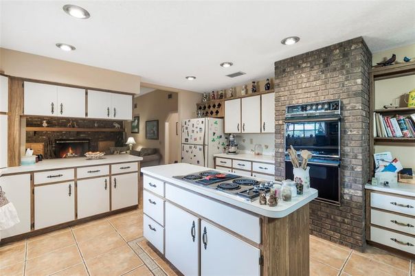 Fireplace, Interior, Kitchen, Recessed Lighting, Stone Walls