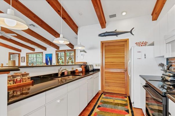 Interior, Kitchen, Pendant Lights, Recessed Lighting, Wooden Beams, Wood Texture Flooring
