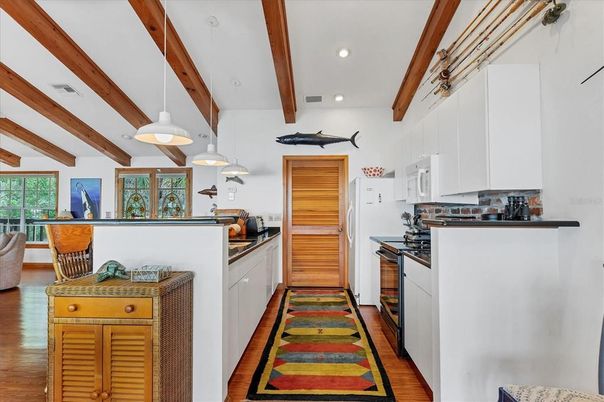 Interior, Kitchen, Pendant Lights, Recessed Lighting, Wooden Beams, Wood Texture Flooring