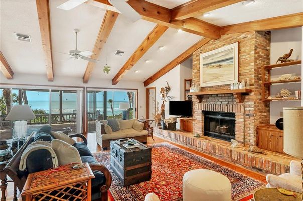 Fireplace, Interior, Living room, Recessed Lighting, Stone Walls, Wooden Beams