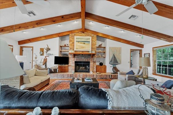 Fireplace, Interior, Living room, Recessed Lighting, Stone Walls, Wooden Beams