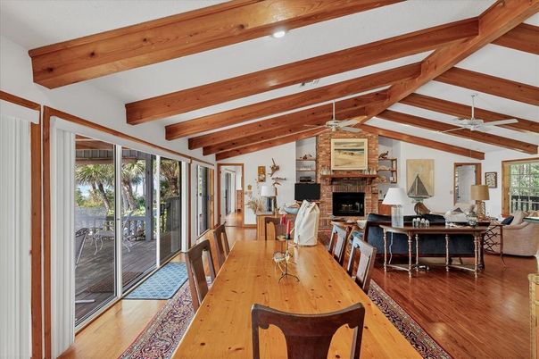Dining room, Fireplace, Interior, Living room, Wooden Beams, Wood Texture Flooring