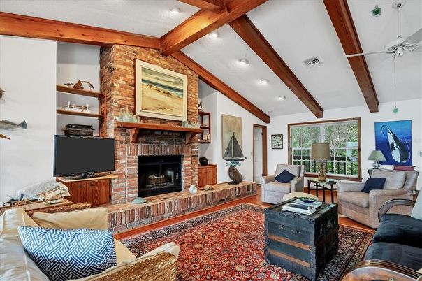 Fireplace, Interior, Living room, Recessed Lighting, Stone Walls, Wooden Beams