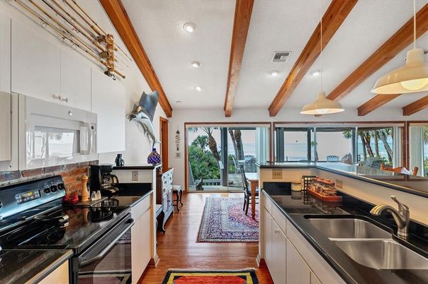 Interior, Kitchen, Pendant Lights, Recessed Lighting, Stainless Steel Appliances, Wooden Beams, Wood Texture Flooring