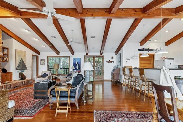 Interior, Kitchen, Living room, Recessed Lighting, Wooden Beams, Wood Texture Flooring