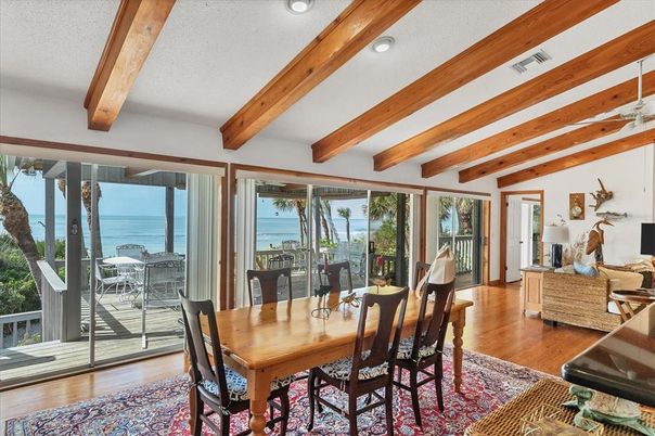Dining room, Interior, Recessed Lighting, Water, Wooden Beams, Wood Texture Flooring